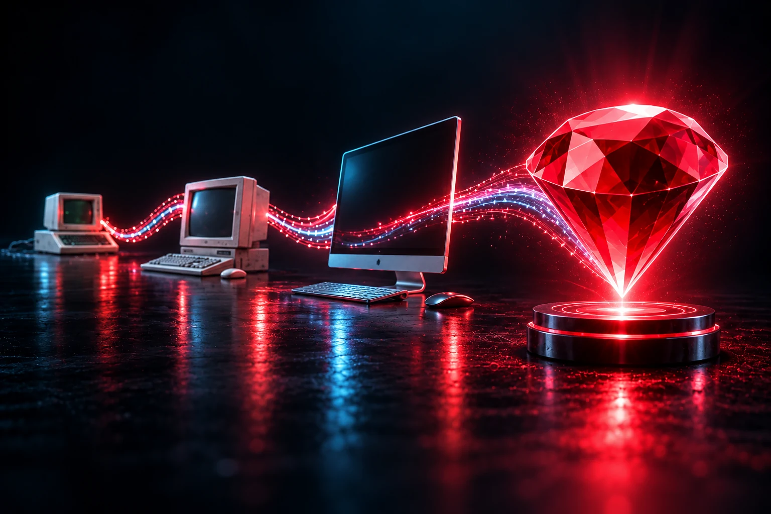 Brief history of Ruby programming language illustrated by a glowing ruby beside successive generations of computers