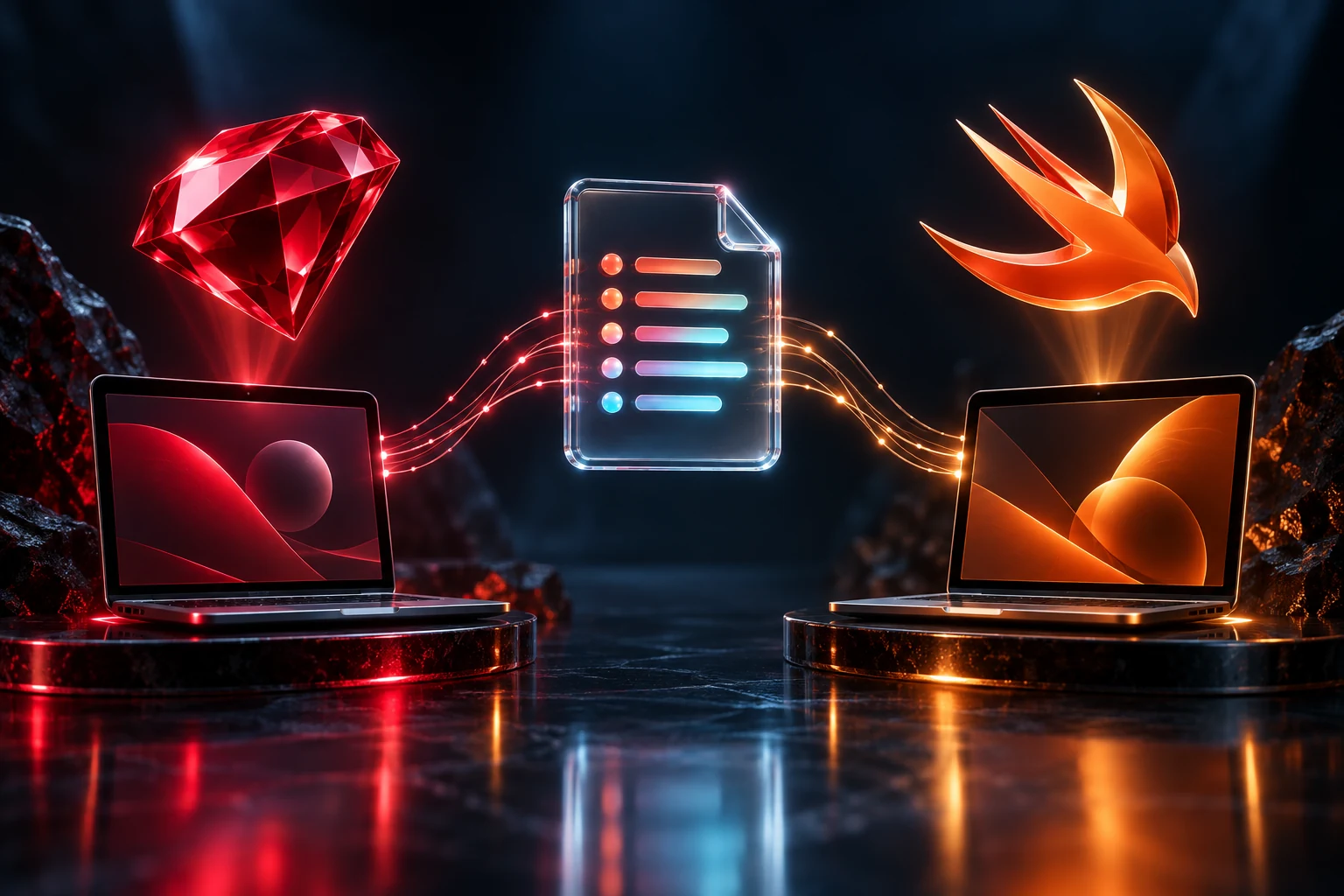 Combined Ruby Swift programming tutorial code concept with a red gemstone and an orange bird exchanging a glass data file