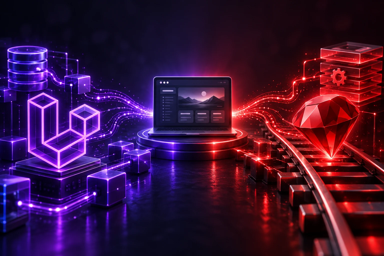 Purple Laravel symbol and red Ruby gem connected to a laptop displaying a web application.