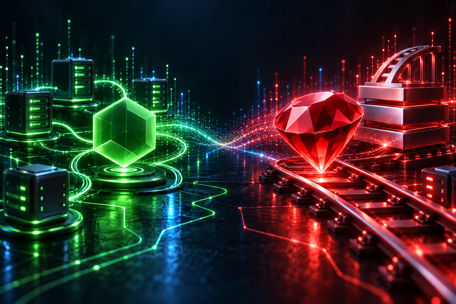 Green hexagon and networked servers beside a red Ruby gem on rails, illustrating Node.js and Rails.