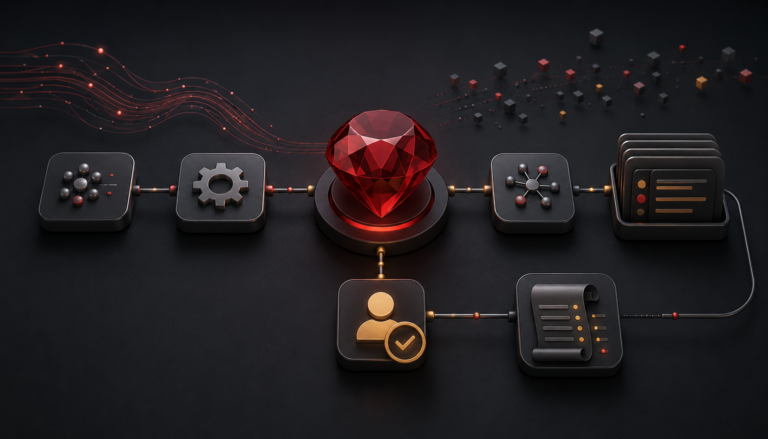 Ruby business process automation workflow with an approval checkpoint and audit log