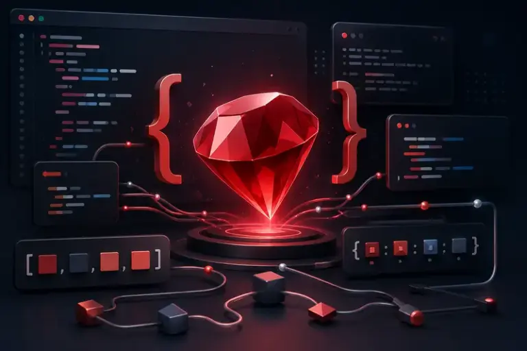 Ruby code examples represented by a glowing red gemstone surrounded by code editor panels