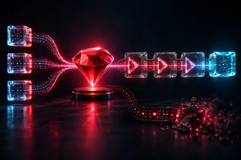 Ruby gem between input cubes and a sequence of glowing transformation blocks, illustrating functional programming.