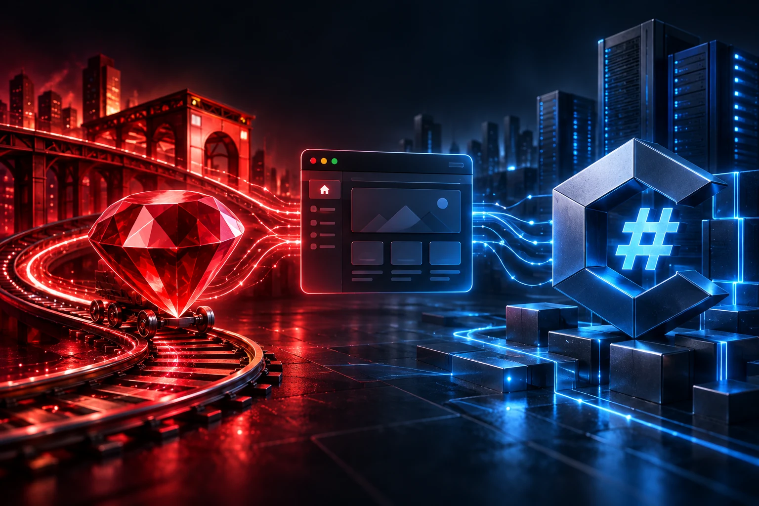 Red Ruby gem on tracks opposite a blue C# symbol, connected to a shared web application.