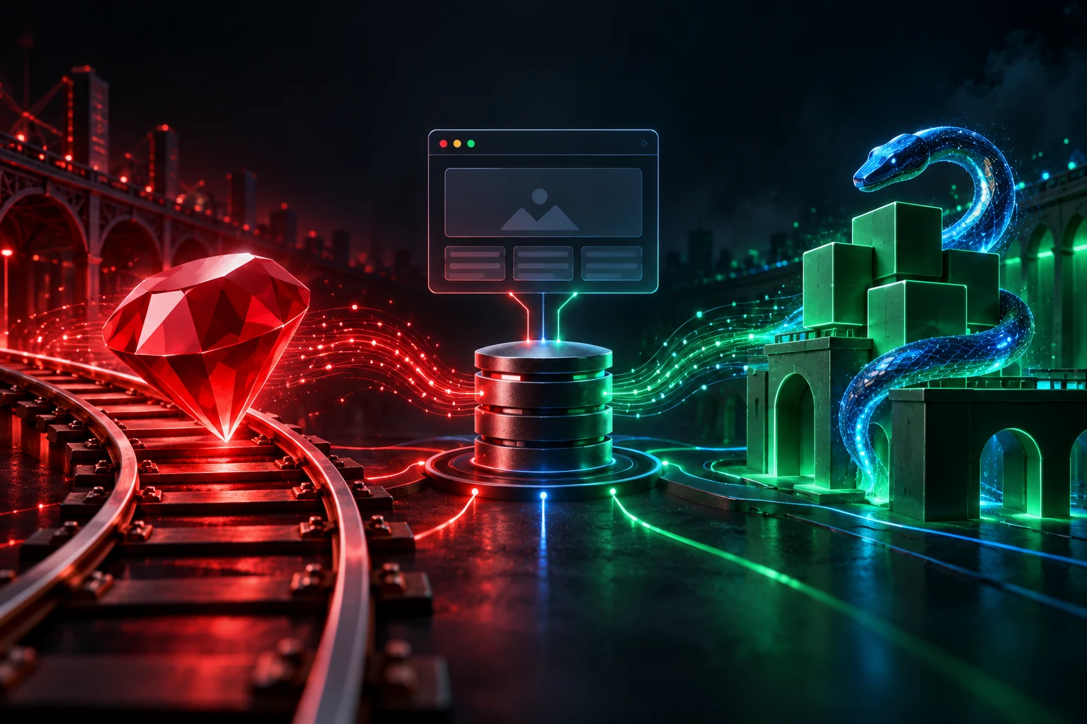 Red Ruby gem and blue python beside a shared browser window and database, illustrating Rails vs Django.