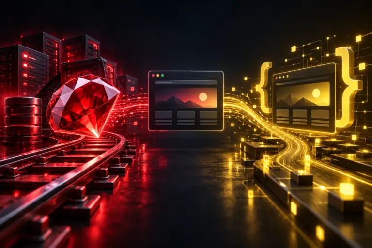 Red Ruby gem and server stack opposite a yellow browser with code braces, illustrating Rails and JavaScript.