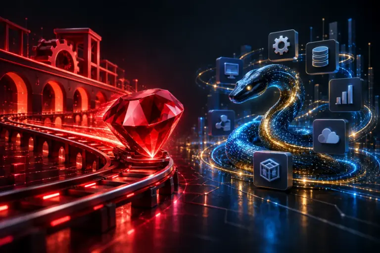 Ruby gem on rails beside a blue python surrounded by database, automation and computing symbols.