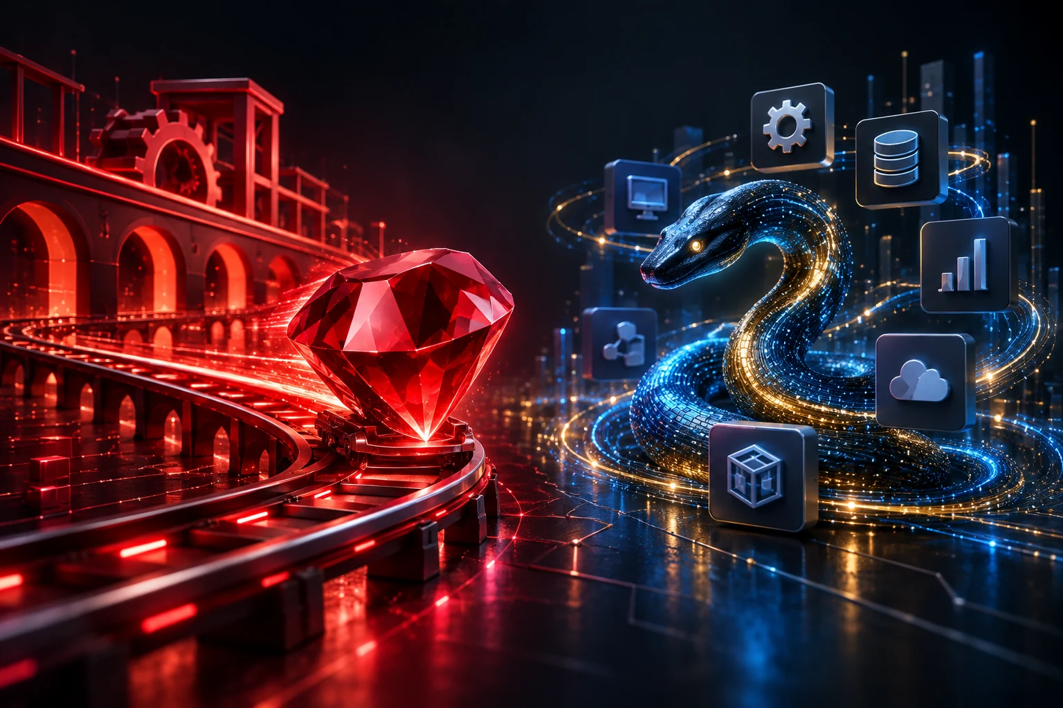 Ruby gem on rails beside a blue python surrounded by database, automation and computing symbols.
