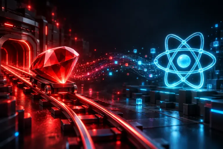 Red Ruby gem on rails beside a glowing blue React symbol, linked by streams of data.