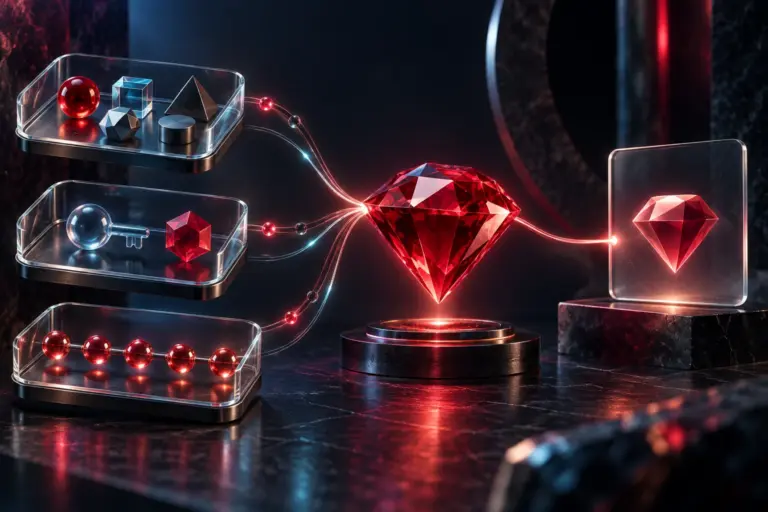 Ruby programming language overview illustrated by a faceted ruby surrounded by organised glass objects and connected components