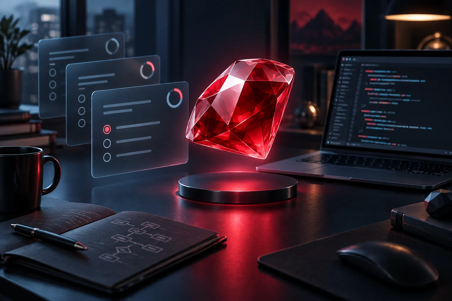 Ruby programming test concept with a glowing ruby, quiz cards and a laptop