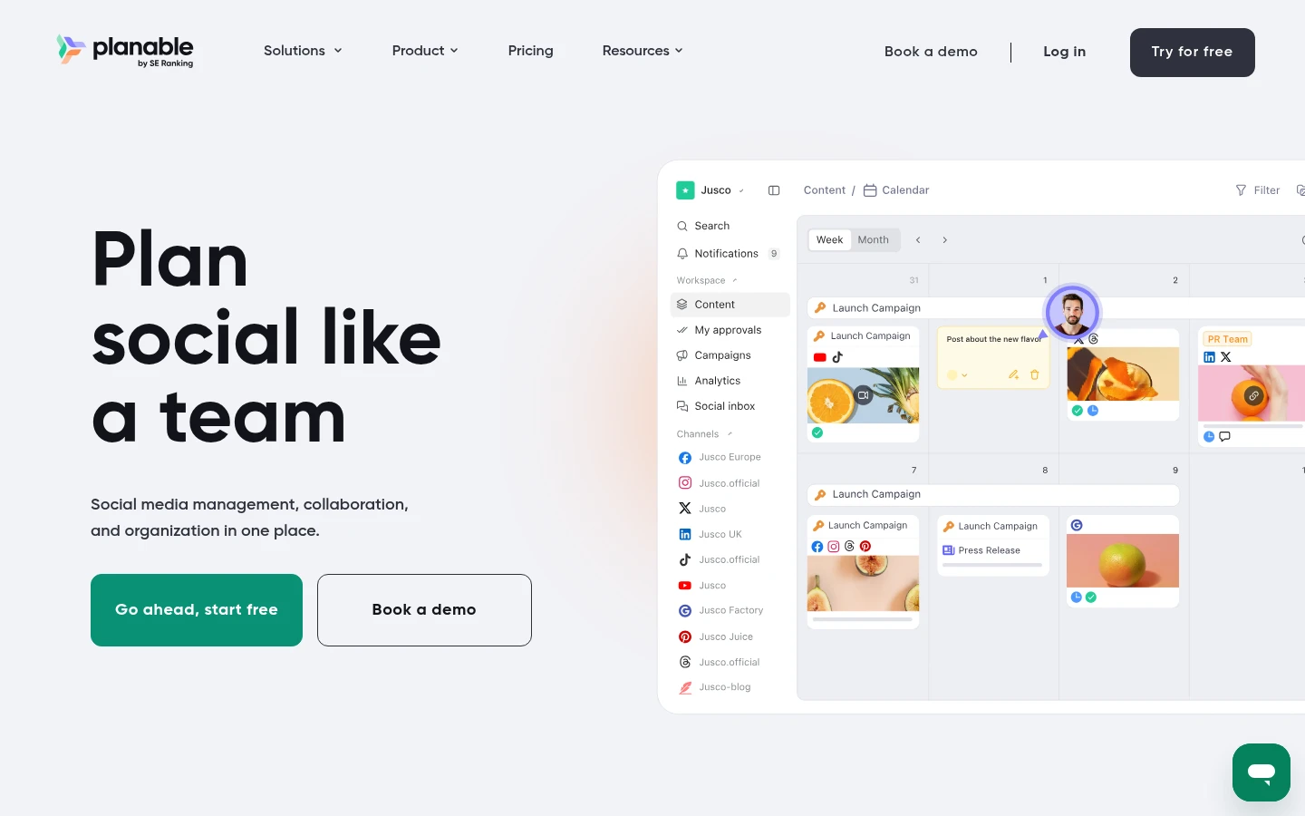 Planable website showing its content planning interface