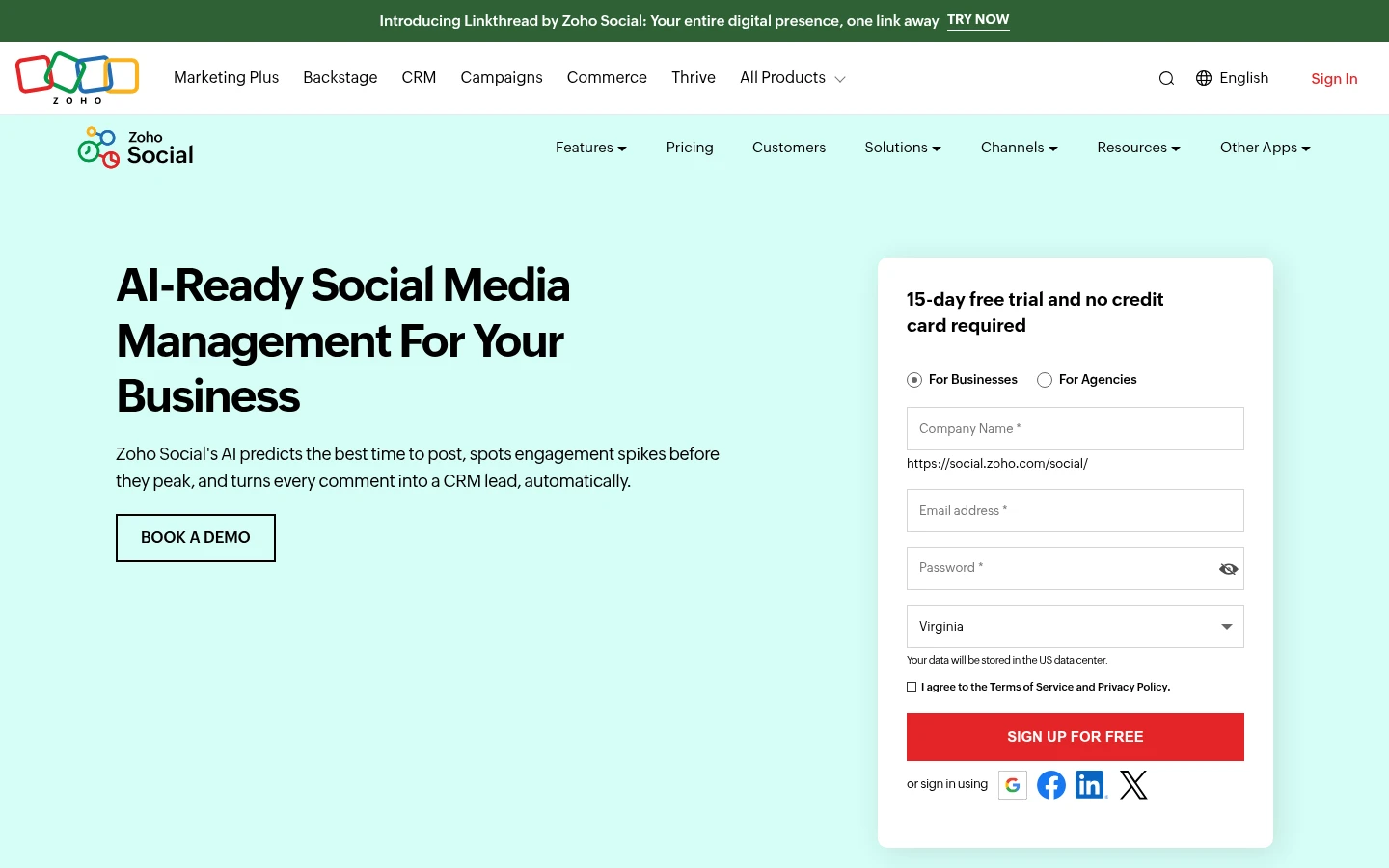 Zoho Social website displaying its management product