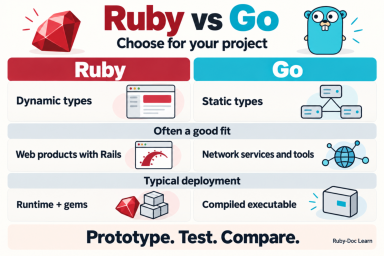 Ruby vs Go infographic comparing types, web development and deployment