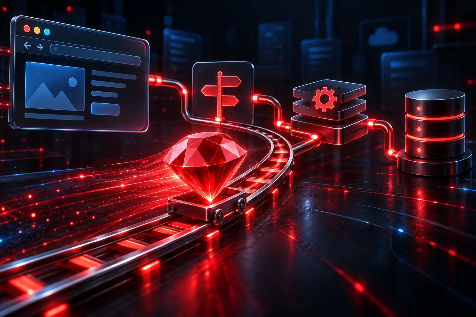 Ruby gem travelling along rails beside connected browser, routing, application and database symbols.