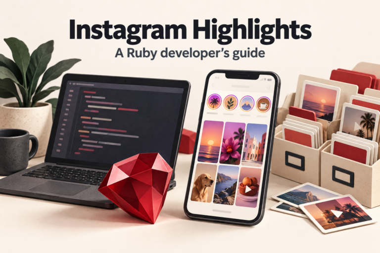 Ruby gemstone, laptop and phone illustrating how developers can archive Instagram Highlights