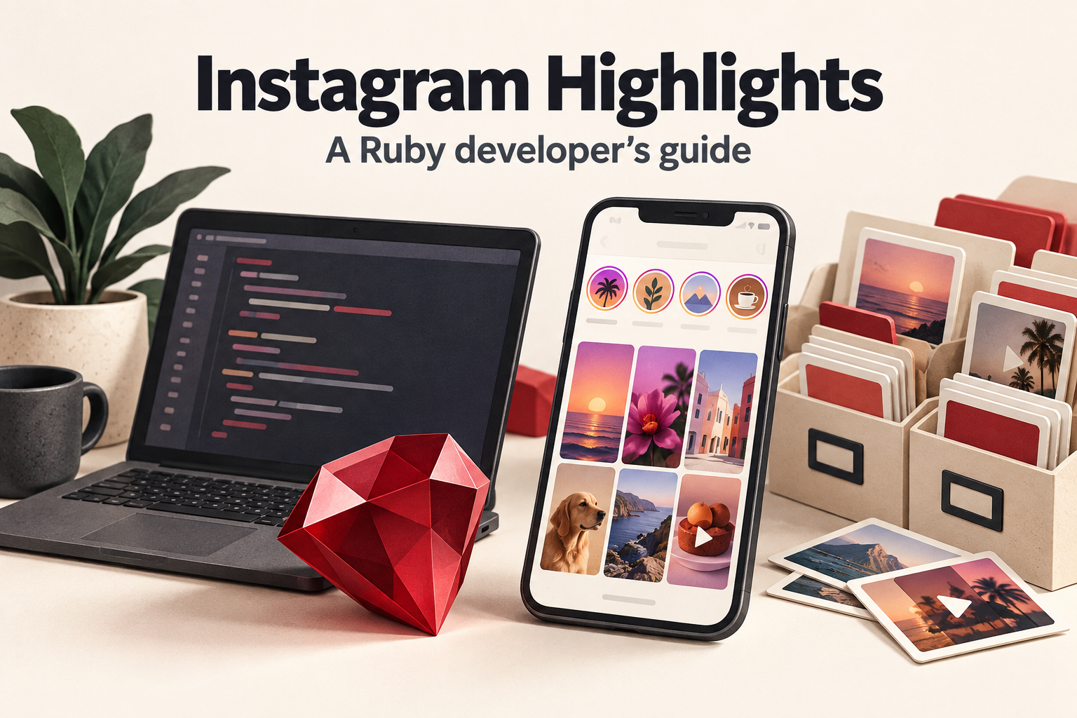 Ruby gemstone, laptop and phone illustrating how developers can archive Instagram Highlights