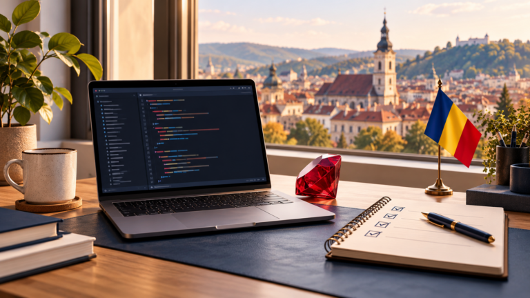 Illustration of a laptop with code, a ruby gemstone, a checklist and a Romanian flag overlooking city rooftops.