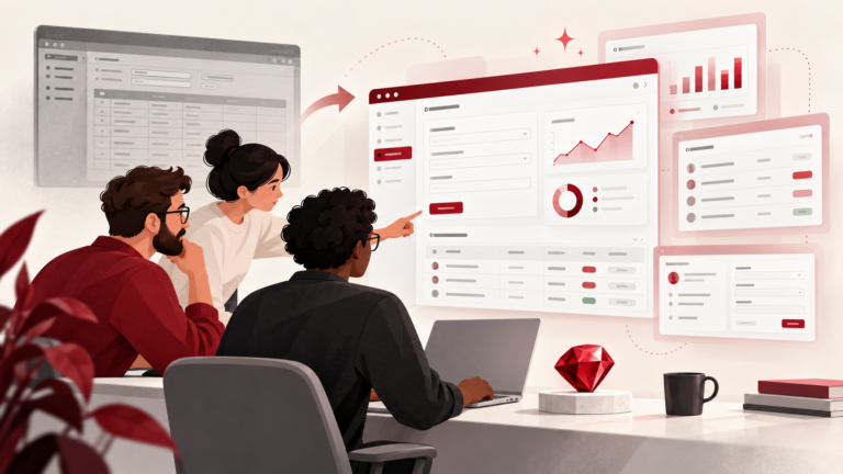 Ruby-themed illustration of developers updating a legacy application's forms and dashboards