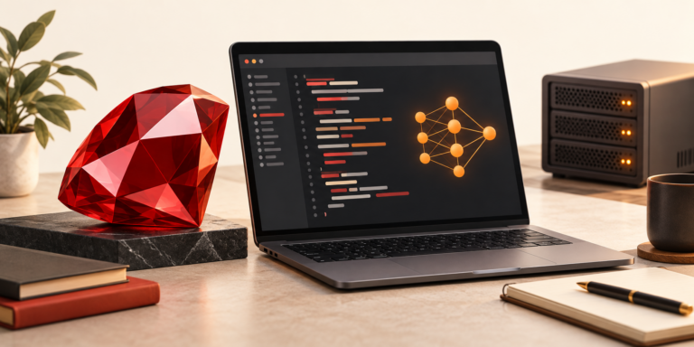 Ruby gemstone beside a laptop showing code and an AI network, with a separate server