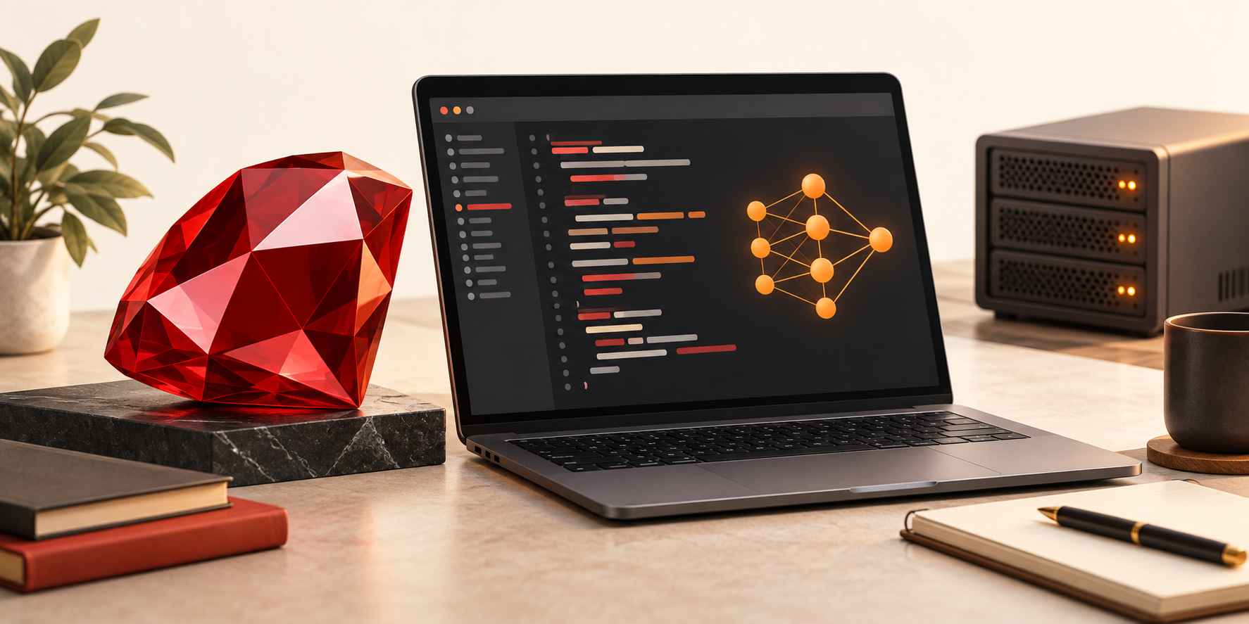 Ruby gemstone beside a laptop showing code and an AI network, with a separate server